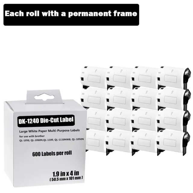 16Rolls 4"×2" Large Paper Multi-purpose Labels 600P/R DK-1240 for Brother QL-500