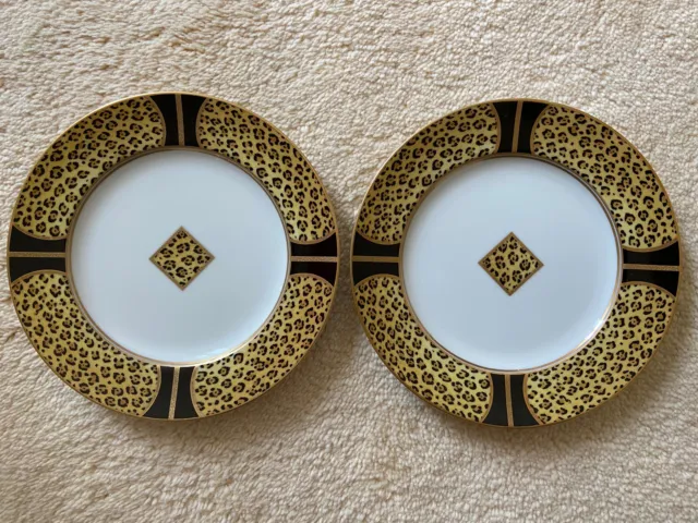 2 x 8 inch Dessert Plates by Lynn Chase - Amazonian Jaguar - 24 karat gold decor