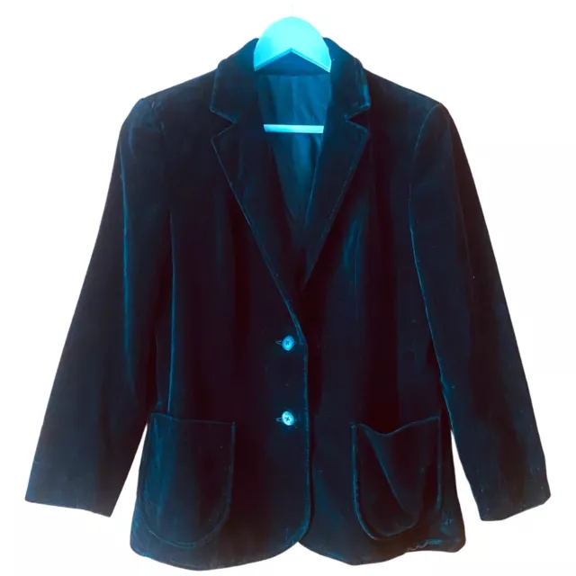 St Michael Womens Jacket Size 14 Black Velvet Blazer Collared Long Sleeve Retro