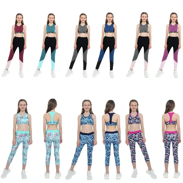 Kid Girls Sports Outfit Racer Back Crop Top Leggings Workout Dance Gym Sportwear