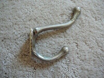 ANTIQUE NICKEL or CHROME CAST IRON DOUBLE COAT HAT WALL HOOK - 3" - GOOD #1
