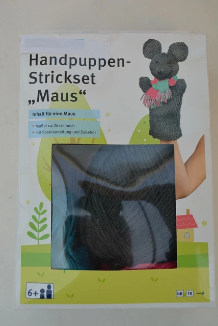 Handpuppen Strick Set NEU Strickzeug Stricknadel Strickwolle Bär Schaf Maus