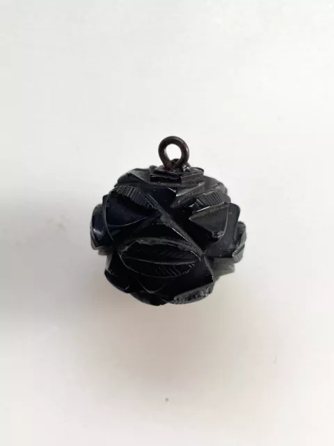 Victorian Antique Whitby Jet Rose Flower Mourning Ball Pendant Hand Carved 1.1"