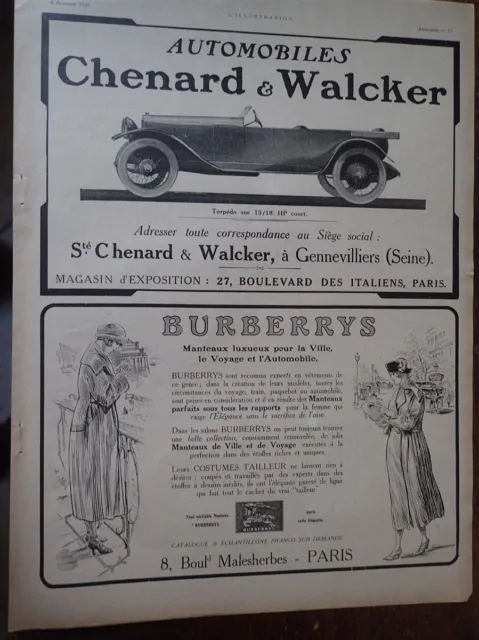 CHENARD & WALKER 15/18 Torpedo + BYRBERRYS Paper Advertising ILLUSTRATION 1920