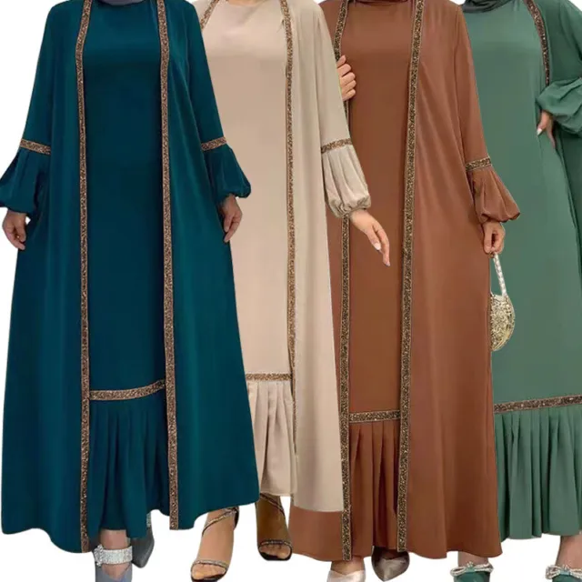 Muslim Open Abaya Dress Set Women Islamic Kimono Cardigan Jilbab Kaftan Ramadan 2