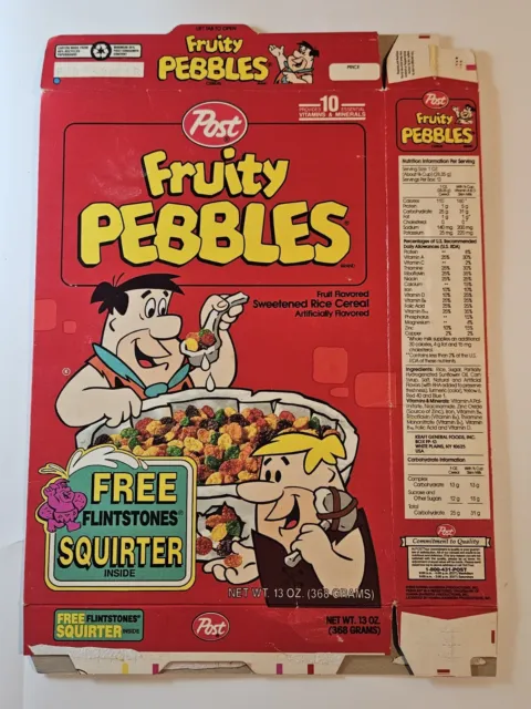 1993 POST FRUITY PEBBLES Empty CEREAL BOX Flat Flinstones Squirter Toy Promo