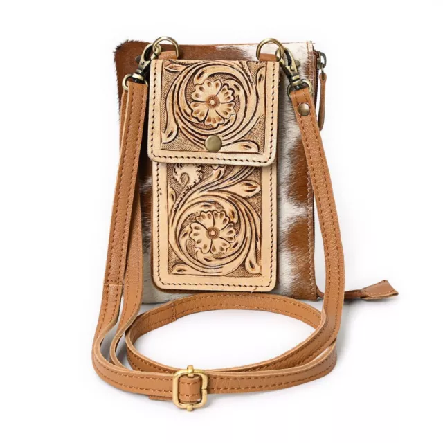 Cowhide Hand Tooled small crossbody sling Bag with Carved Mobile Pocket Merbaa