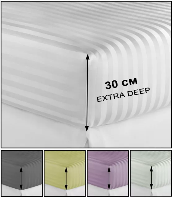 EXTRA DEEP Fitted Sheet 300TC Cotton Satin Stripe Bed Sheets Double S. King Size
