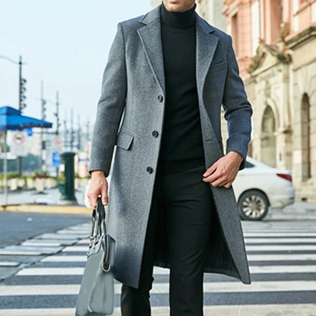 Mens Winter Trench Coat Long Jacket Lapel Neck Outwear Single Breasted Overcoat 3