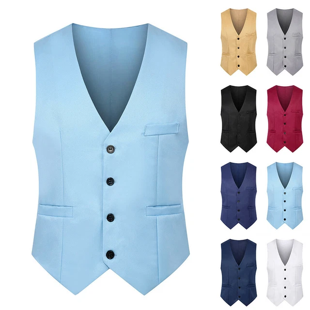 Mens Plain Single-Breast Waistcoat Formal Work Wedding Party Button Vest Blouse
