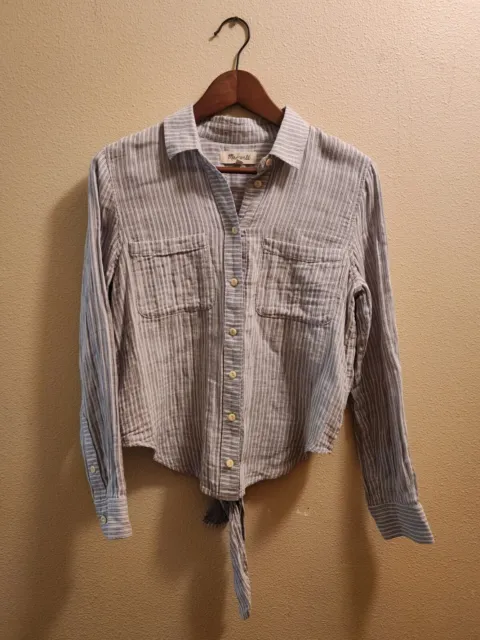 Madewell Womens Small Tie Back Shirt Blue Striped Long Sleeve Button Up Cotton