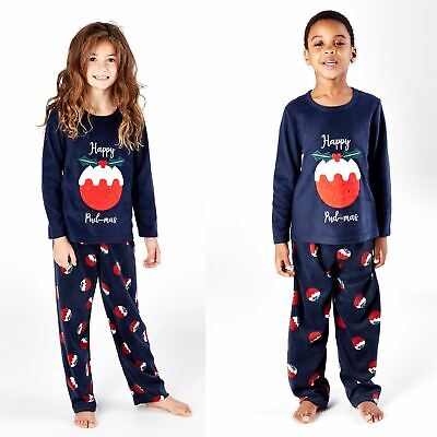 Kids Happy Christmas Fleece Pyjamas Pyjama PJs Boys/Girls Navy Age 5-13 Years