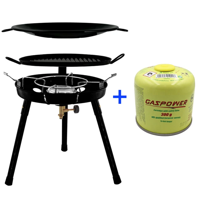 Gas Kocher Campingkocher + Grillplatte Gasgrill mit Wok + 1x 300g Gaskartusche