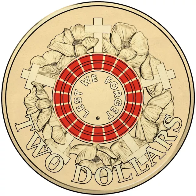 2015 $2 Red Anzac Cove Lest We Forget War Graves two dollar coloured coin aUNC