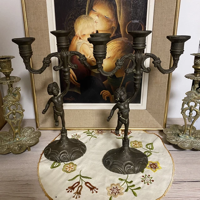 ANCIEN CHANDELIER BOUGEOIR Candélabre Ange Angelot Chérubin Laiton Doré France EUR 42,63 - FR