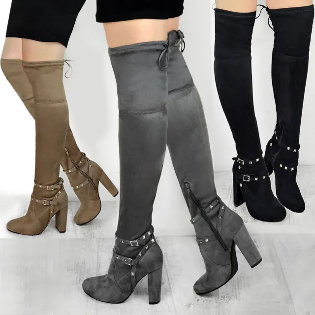 Womens Ladies Thigh High Boots Studded Strap Over The Knee Party Block Heel Size