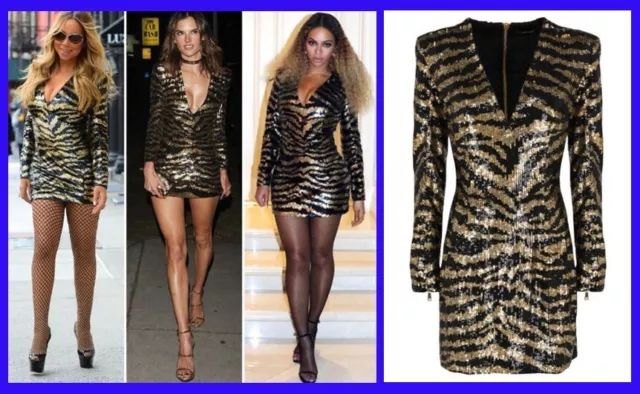 BALMAIN SEQUINED TIGER-STRIPE MINI DRESS in BLACK and GOLD Sz FR 36