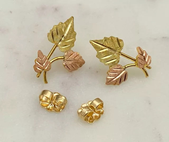 Estate Solid 12K Yellow & Rose Gold Black Hills Leaves Earrings 17x12mm 1.5g