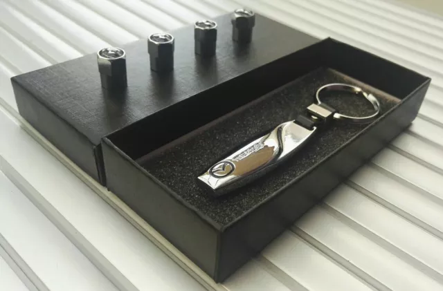 Mazda Solid Metal Chrome Key ring Key chain Fob + Tyre Valve Dust Caps Gift Box
