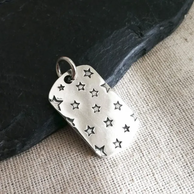 Solid 925 Sterling Silver Stamped Stars Dog Tag Small Pendant Shiny Polished