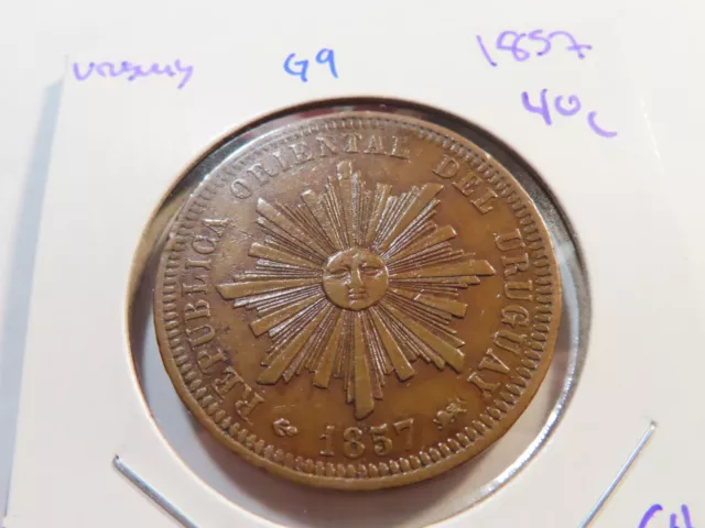 G9 Uruguay(Sunface) 1857 40 Centesimos, Choice AU