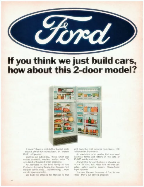 1966 Ford Philco Refrigerator Vintage Print Ad 2 Door Model Blue Oval