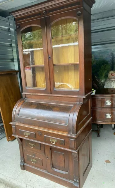 Antique Victorian Burl Walnut Cylinder Roll Secretary Desk