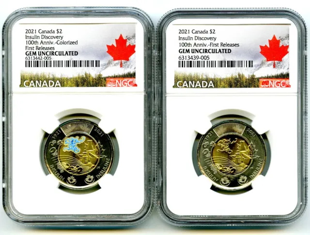 2021 $2 Canada Ngc Gem Unc Toonie Insulin Two Dollar Matched 2-Coin Set - Fr