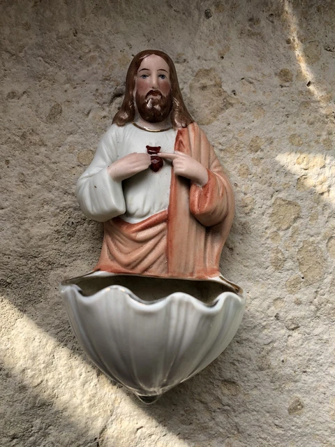 ANCIEN BÉNITIER RELIGIEUX en biscuit, porcelaine, Vierge Marie, marque