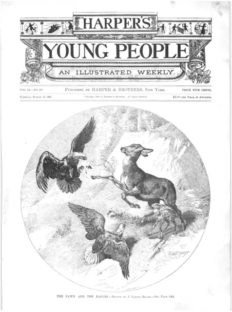 THE FAWN AND THE EAGLES.VTG 1888 HARPER'S ENGRAVING PRINT ON 11" x 8" PAGE