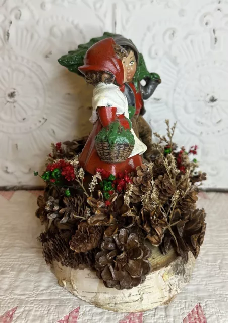 Vintage Ceramic Girl Puppy Boy Carrying Tree Christmas Figurine Birch Pine Comes 8