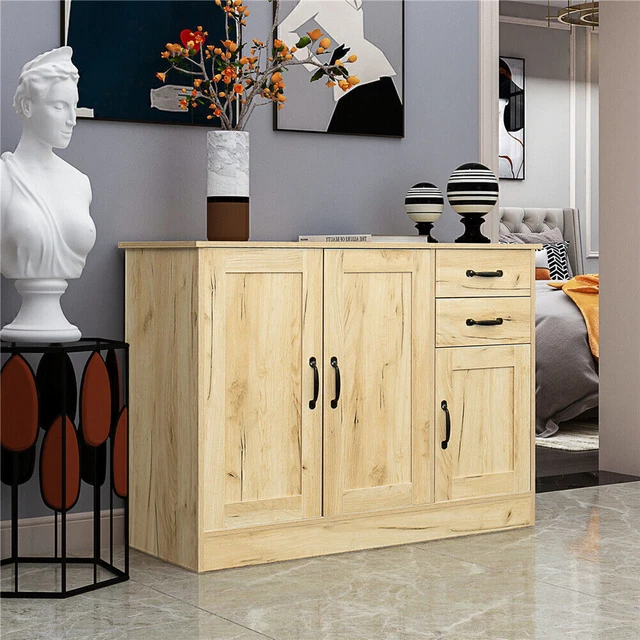Oak 43.3" Sideboard Buffet Server Table Wood Storage Cabinet Adjustable Shelves