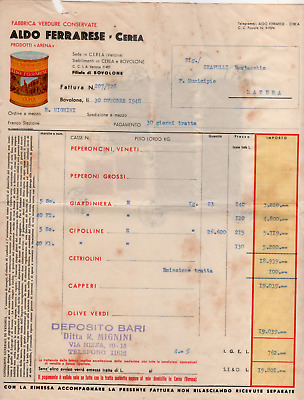 CARTA INTESTATA FATTURA  VERDURE ALDO FERRARESE CEREA E BOVOLONE 1948 VERONA 