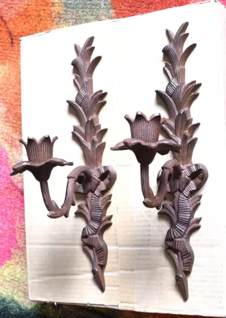 Vintage Pair of Cast Iron  Wall Sconces  Ornate Candle Holders heavy 15 in