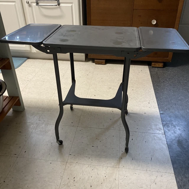 Vtg Rolling Metal Typewriter Cart Gray Desk Metal Side Table Drop