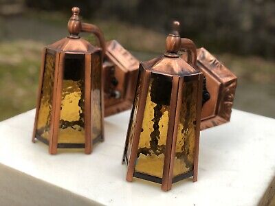 Pair ANTIQUE Wrought Hammered Copper ARTS & CRAFTS Mission WALL SCONCES c.1930s