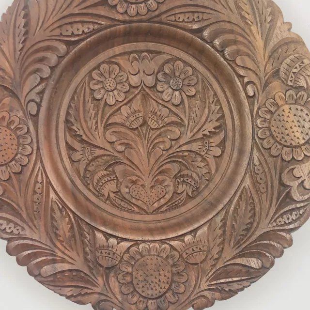 Hand Carved Floral Relief Display Vintage Wood Dimensional 10” Plate Carving