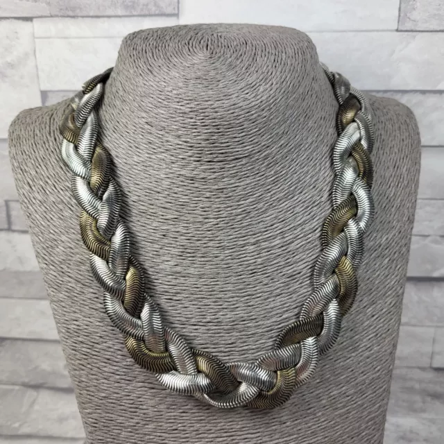 M&S Plaited Multi Strand Necklace Silver Bronze Tone Flat Snake Chains Jewellery