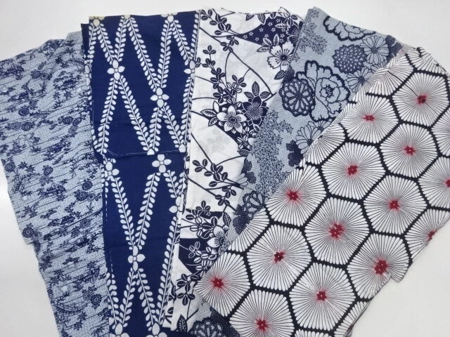 37186# Japanese Kimono / Antique Yukata / Set Of 5 / Japan Blue