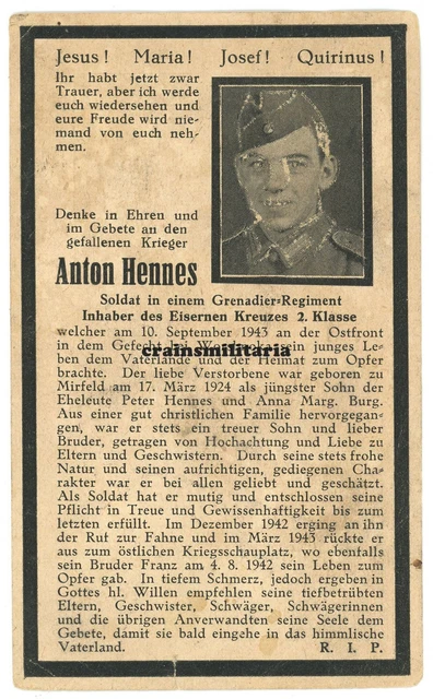 Orig. Sterbebild 387.ID Grenadier ° Belgien Amel + Russland 1943