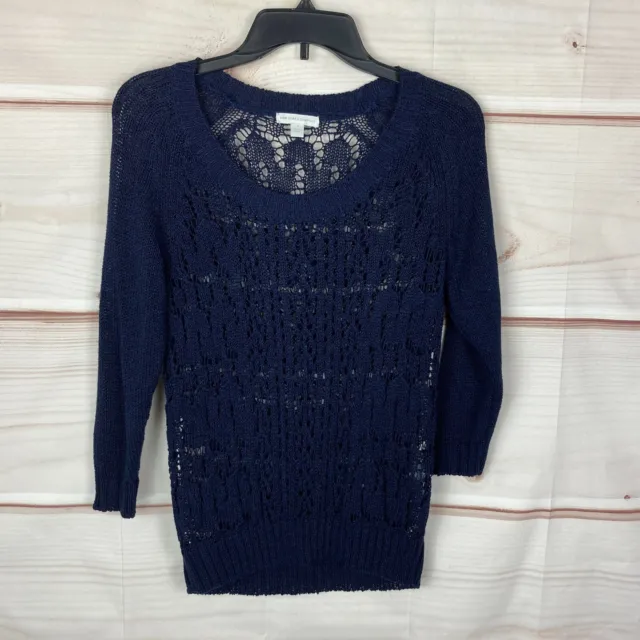 New York & Company Open Knit Sweater Blue Long Sleeve Pullover Womens Medium