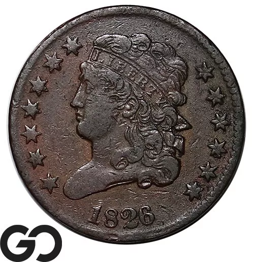 1826 Half Cent, Classic Head, Scarce AU Early Date Copper