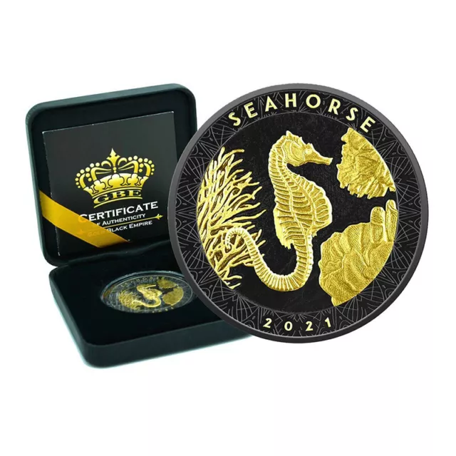 Samoa 2 Tala 2021 Seahorse Silver Coin 1 Oz Gold Black Empire Ruthenium 03201