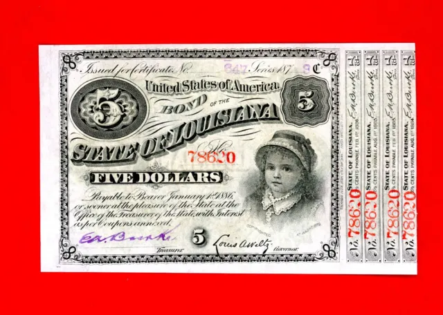 1870's $5 State of Louisiana Baby Bond RARE HAND SIGNED #78620 GEM UNC
