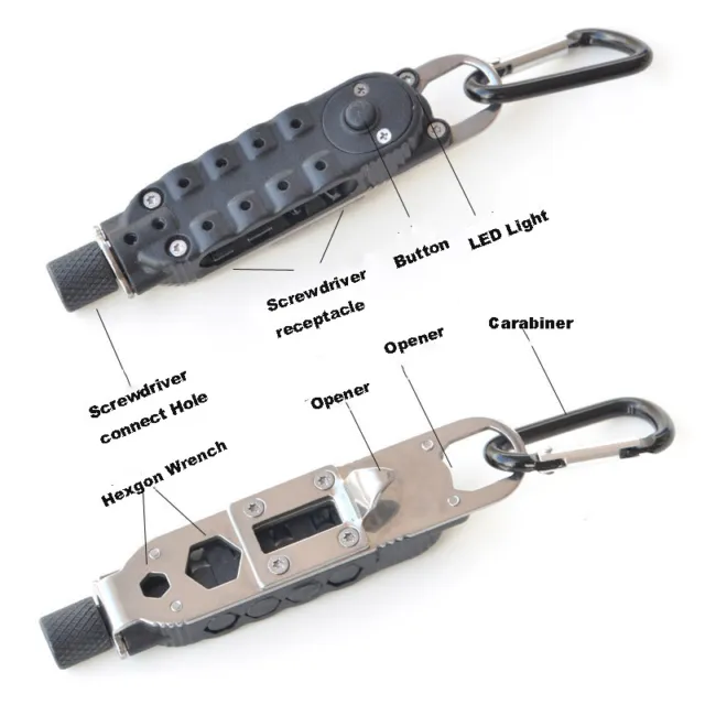 Key Chain Multi Tool ft Screwdrivers, Hex Wrench, LED Light, Bottle Opener, Clip