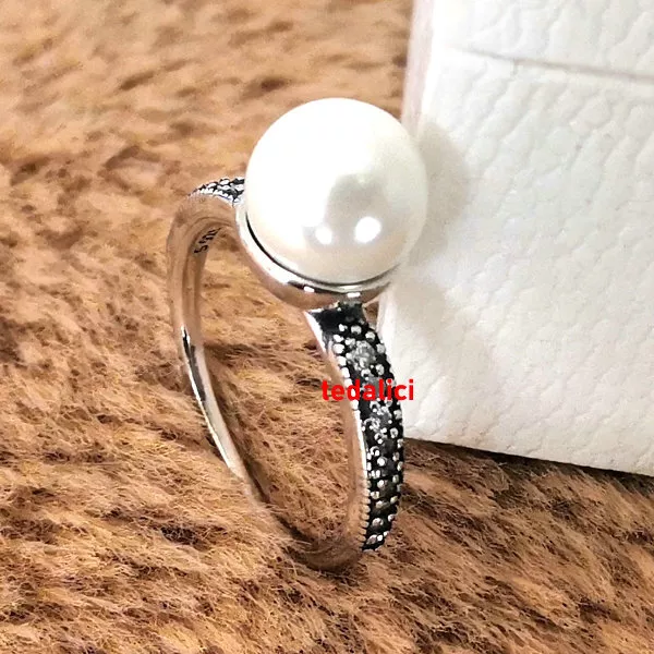 NEW 100% 925 Sterling Silver Elegant Beauty Freshwater White Pearl Ring Clear CZ