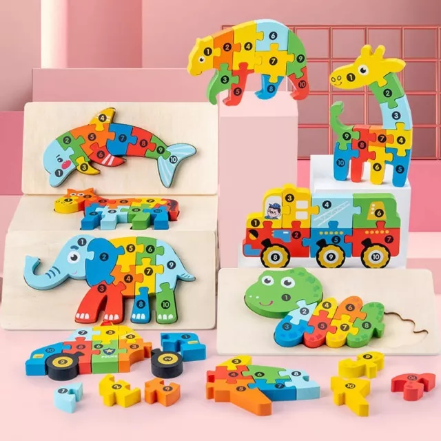 Wooden Jigsaw Puzzles  Pieces Toddler Kids Numbered Animals Educational Toy