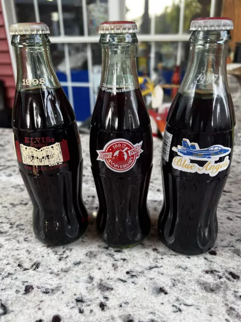 3 Vtg Coke Coca Cola Classic 8 Oz No Refill Elvis St Louis Cardinals Blue Angels