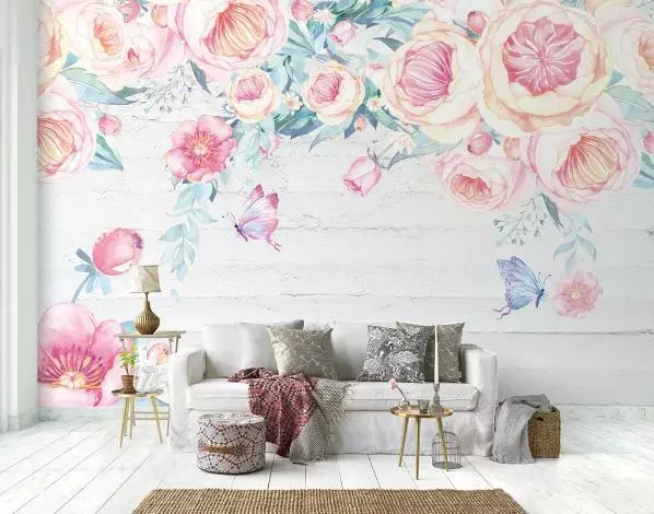 3D Hand Drawn Pink Floral Butterfly Wallpaper Wall Murals Removable Wallpaper