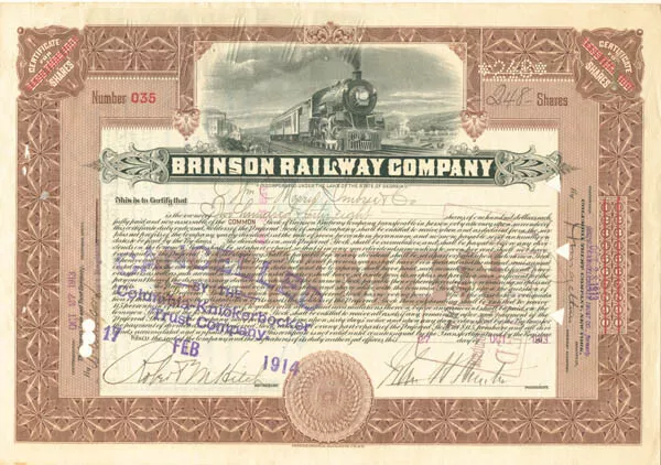 Brinson Railway Co. - Stock Certificate - Railroad Stocks